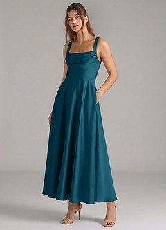 Azazie Shaude Bridesmaid Dresses Ink Blue A-Line Pleated Stretch Satin Dress image5