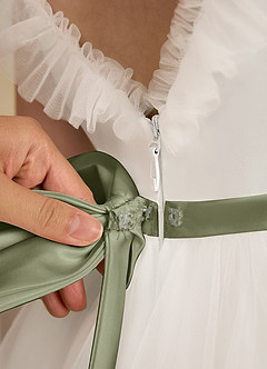 Azazie Amber Flower Girl Dresses Ivory Pistachio A-Line Bow Tulle Dress image6