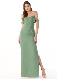 Azazie Emeralda Robes de demoiselle d'honneur Robe Fourreau en Mousseline de soie Épaule décolletée Matcha image3