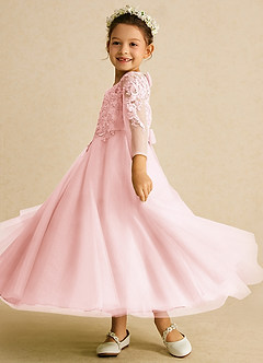 Azazie Precious Flower Girl Dresses Blushing Pink A-Line Lace Tulle Dress image5