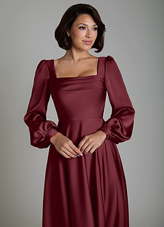 Azazie Solana Bridesmaid Dresses Cabernet A-Line Long Sleeve Stretch Satin Dress image3