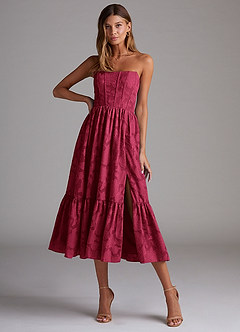 Azazie Delphina Bridesmaid Dresses Burgundy A-Line Strapless Floral Burnout Convertible Dress image1