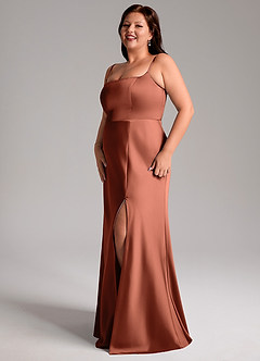 Azazie Lidia Bridesmaid Dresses Clay Mermaid Side Slit Stretch Satin Dress image4