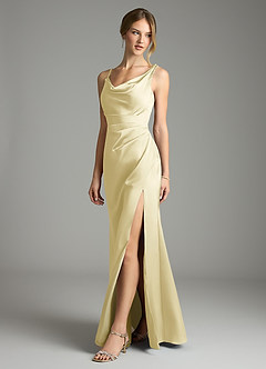 Azazie Samara Bridesmaid Dresses Lemon Sorbet Mermaid Pleated Stretch Satin Dress image3