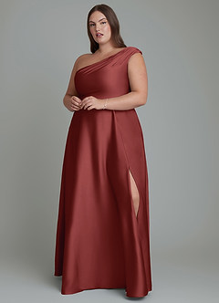 Azazie Melanie Robes de demoiselle d'honneur Robe Trapèze en Satin extensible Épaules dénudées Terracotta image7