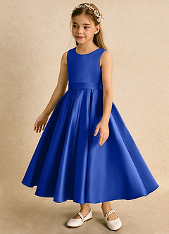 Azazie Junebuj Flower Girl Dresses Royal Blue Ball-Gown Pleated Matte Satin Dress image3
