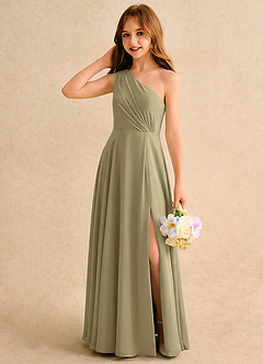 Azazie Puddles Girls Formal Abiti da Ragazza di Fiori Abito A-Line in Chiffon Monospalla Verde Muschio image3