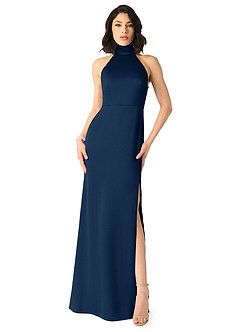 Azazie x Delaney Bridesmaid Dresses Dark Navy Sheath High Neck Stretch Satin Dress image1
