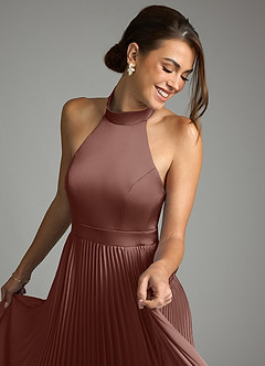 Azazie Zienna 신부 들러리 드레스 A라인 주름진 스트레치 새틴 바닥 길이 드레스 image6