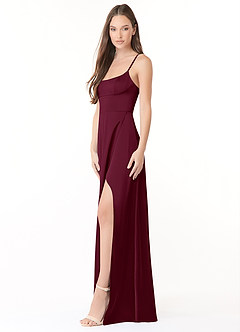 Azazie Halsey Bridesmaid Dresses Mulberry Sheath Side Slit Stretch Satin Dress image4