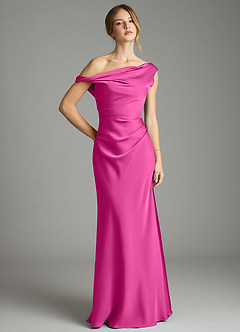 Azazie Emerson Bridesmaid Dresses Fuchsia Mermaid Off the Shoulder Stretch Satin Dress image1