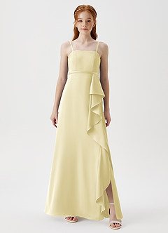 Azazie Kaylee Junior Lemon Sorbet A-Line with Belt Stretch Satin Dress image3