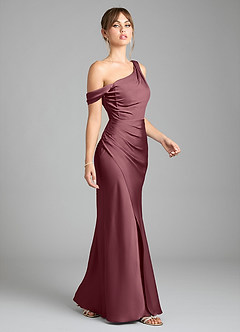 Azazie Madelyn Robes de demoiselle d'honneur Robe Sirène Convertible en Satin extensible Asymétrique Rose Du Désert image5