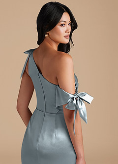 Azazie Xyla Robes de demoiselle d'honneur Robe Fourreau Convertible en Satiné métallisé Épaule décolletée Bleu Poussiéreux image3