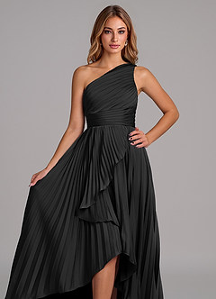 Azazie Lyrica Bridesmaid Dresses Black A-Line One Shoulder Stretch Satin Dress image4