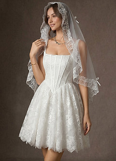 front The French Vintage Ruffled Lace Elbow Veil