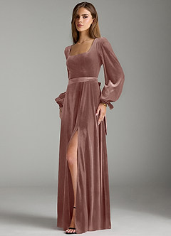 Azazie Leonia Robes de demoiselle d'honneur Robe Trapèze en velours Manche longue Rustikale Rose image5