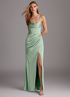 Azazie Brookelle Bridesmaid Dresses Agave Sheath Sweetheart Corset Stretch Satin Dress image2