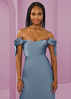 Barbie ♥ Azazie Bridesmaid Dresses Dusty Blue Sheath Off the Shoulder Stretch Satin Convertible Dress image5