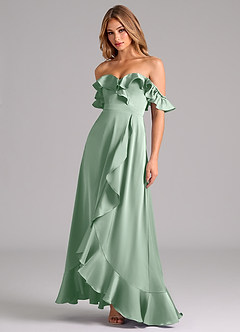 Azazie Lyra Bridesmaid Dresses Agave A-Line Off the Shoulder Stretch Satin Convertible Dress image4