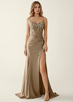 Manuelly Coffee Satin/Lace 3D Flower Prom Dress image5