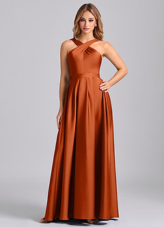 Azazie Dixie Bridesmaid Dresses Burnt Orange A-Line Pleated Stretch Satin Dress image1