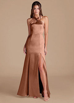 Azazie Rue Abiti da Damigella Abito Sirena in Raso Metallizzato Plissettato Bronzo image1