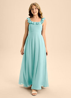 Azazie Callie Junior Abito A-Line in Chiffon Increspato Acqua image4