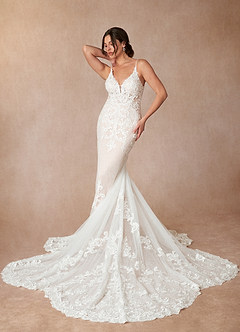 Azazie Selene Robes de mariée Robe Sirène en Dentelle Col en V Diamant Blanc Champagne image4