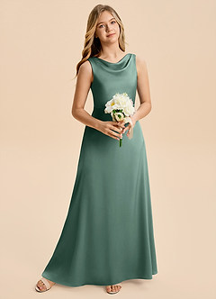 Azazie Kiki Junior Eucalyptus A-Line Bow Stretch Satin Dress image3