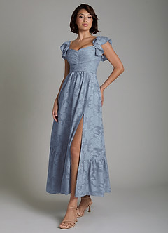 Azazie Anaya At-home Try On Dresses Dusty Blue A-Line Ruched Floral Burnout Dress image5