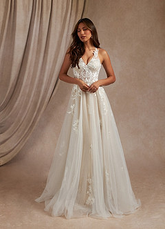 Azazie Dysis Wedding Dresses Diamond White Nude A-Line Halter Sequins Tulle Dress image4