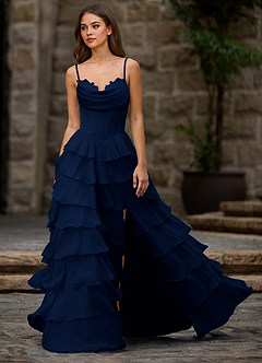 Floralace Navy Ruffled A-line Prom Dress image3