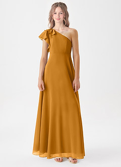 Azazie Arabella Junior Robe Trapèze en Mousseline de soie Rayé Caramel écossais image3