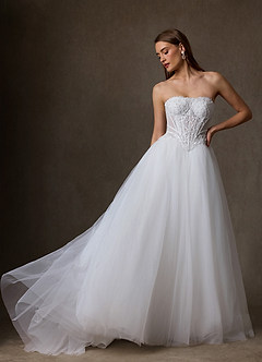 Azazie Ione Wedding Dresses Diamond White A-Line Strapless Lace Dress image1