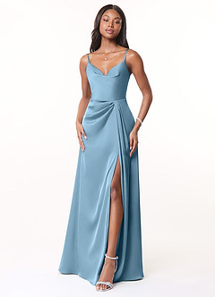 Azazie Brielle Robes de demoiselle d'honneur Robe Trapèze en Satin extensible Bretelles spaghetti Acier Bleuté image1