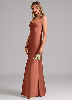 Azazie Kamila Robes de demoiselle d'honneur Robe Trapèze en Satin extensible Plissée Argile image6