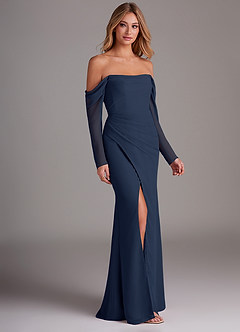 Azazie Hallie Brautjungfernkleider Meerjungfrau-Linie Langarm Chiffon Kleid Dunkelmarine image4