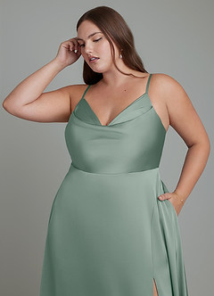 Azazie Sarella Bridesmaid Dresses Silver Sage A-Line Pleated Stretch Satin Dress image9
