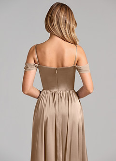Azazie Raisa Bridesmaid Dresses Taupe A-Line Off the Shoulder Stretch Satin Dress image2