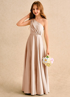 Azazie Puddles Girls Formal vestidos de niña de las flores Vestido de Rosa Inglesa de Satin Mate de Corte en A con Hombro unilateral image6