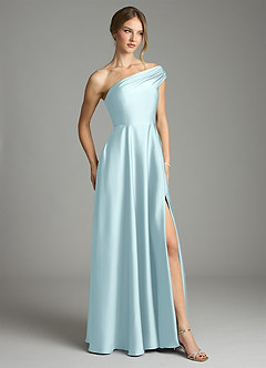 Azazie Melanie Vestidos de damas de honor Vestido de Azul Nube de Satén Elástico de Corte en A con Vestidos sin tirantes image5