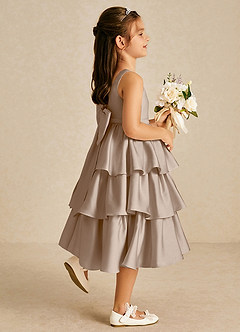 Azazie Margery Flower Girl Dresses Taupe A-Line Bow Stretch Satin Dress image5