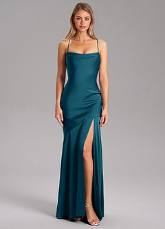 Azazie Grata Bridesmaid Dresses Ink Blue Sheath Side Slit Stretch Satin Dress image3