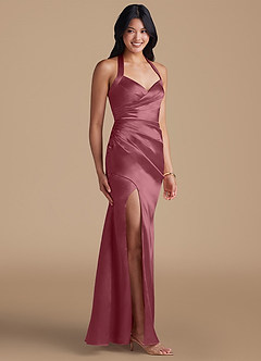 Azazie Emeria Bridesmaid Dresses Desert Rose Sheath Side Slit Metallic Satin Dress image6