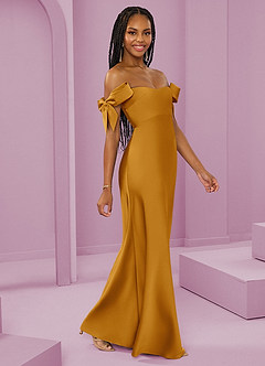 Barbie ♥ Azazie Bridesmaid Dresses Butterscotch Sheath Off the Shoulder Stretch Satin Convertible Dress image1