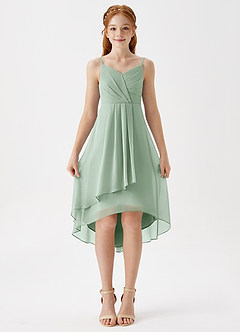 Azazie Mariam Junior Agave A-Line Pleated Chiffon Dress image4