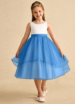 Azazie Rene Flower Girl Dresses Ivory Blue Jay A-Line Bow Tulle Dress image4
