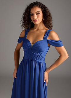 Azazie Lianne Bridesmaid Dresses Royal Blue A-Line Off the Shoulder Stretch Satin Dress image3