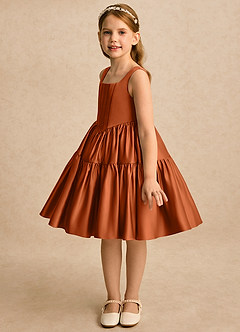 Azazie Myla vestidos de niña de las flores Vestido Naranja Quemada de Satin Mate de Línea A con Plisado image5